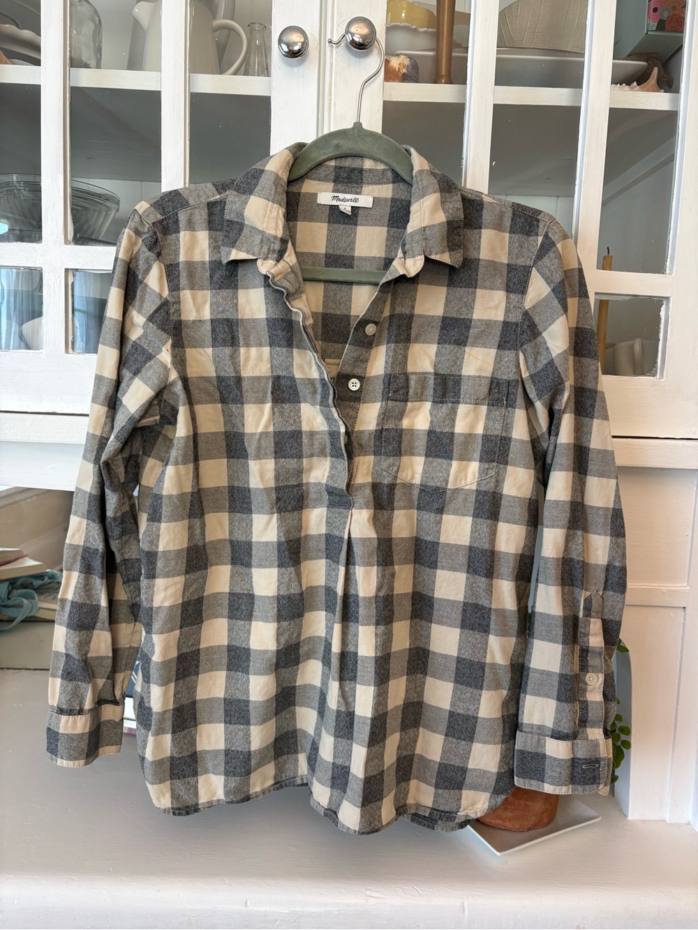 Madewell Neutral Plaid Shirt Jacket in Cream and Gray